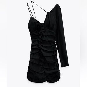 Zara Linen Blend Black One-Shoulder Ruched Mini Dress